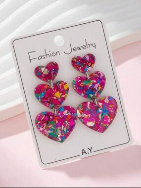 Pink Multicolor Confetti Heart Drop Earrings